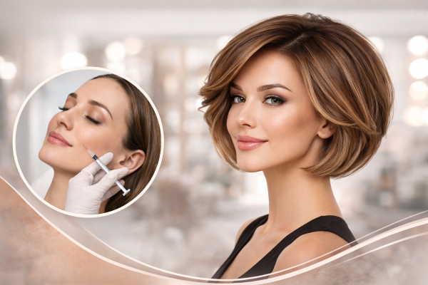 בצד שמאל, אישה מקבלת טיפול קוסמטי באזור הלחיים; בצד ימין, אותה אישה לאחר שינוי עם תספורת בוב קצרה ומעוצבת, חיוך וביטחון במראה החדש.