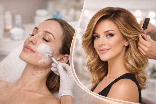 שילוב בין טיפולי שיער ופנים: בצד שמאל, אישה מקבלת טיפול פילינג עם עור פגום, ובצד ימין, היא לאחר טיפול עם שיער בלונד דבש ועור חלק.