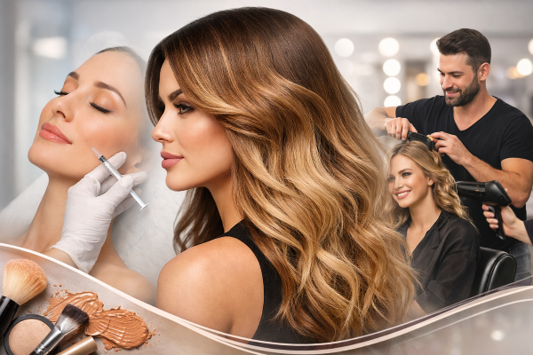 תמונה המשלבת טיפולי אסתטיקה ועיצוב שיער: טיפול קוסמטי בפנים, אישה עם שיער גלי ובלונד, ומעצב שיער מטפל בשיער לקוחה.